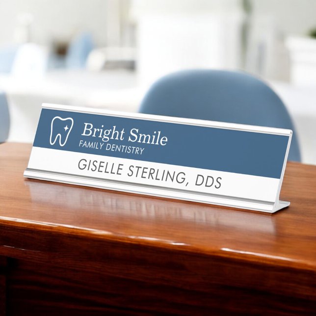 Dentist Tooth Logo Navy Blue Modern Office Desk Name Plate (Creator Uploaded)