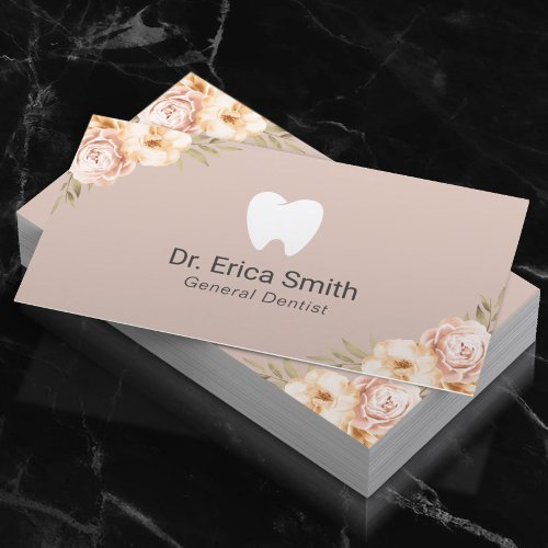 Dentist Tooth Logo Vintage Floral Blush Dental Business Card