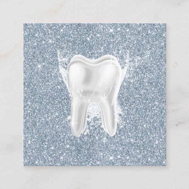 Dentist Tooth Modern Dusty Blue Glitter Dental Square Business Card (Front)