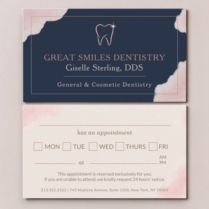 Dentist Tooth Navy Blue Blush Pink Appointment Business Card