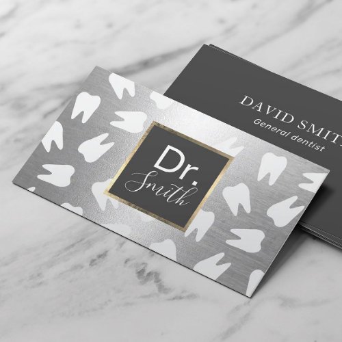 Dentist Tooth Pattern Modern Silver Dental Care Business Card