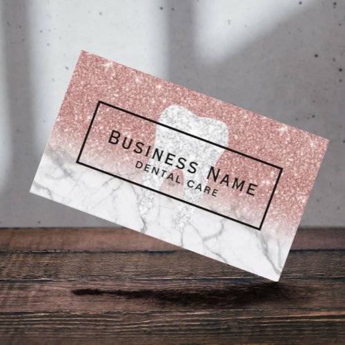 Dentist Tooth Rose Gold Glitter Marble Dental Care Business Card