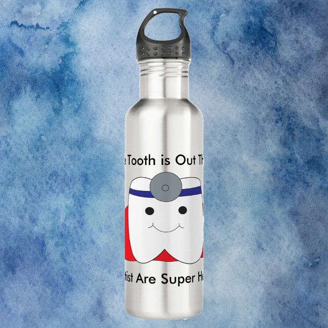 Dentist Tooth Superhero Funny Stainless Steel Water Bottle (A funny water bottle that has a tooth dressed up as a dentist!)
