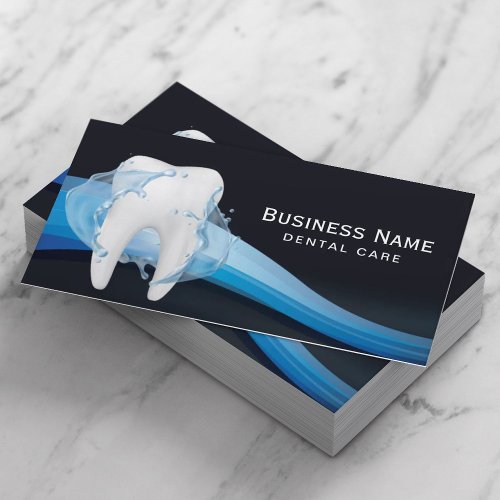 Dentist Tooth Water Splash Navy Blue Dental Care Business Card