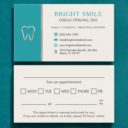 Dentist Turquoise Metallic Tooth Appointment Business Card