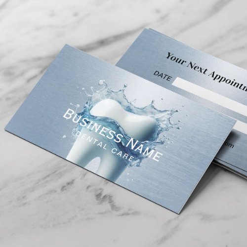 Dentist White Tooth Light Blue Faux Metal Dental Appointment Card