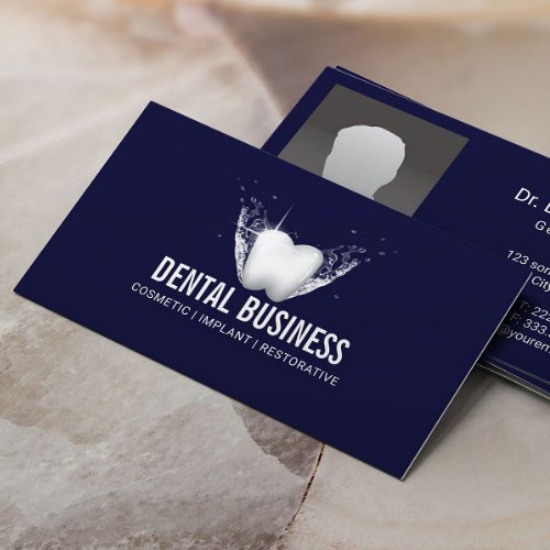 Dentist White Tooth Navy Blue Dental Care Photo Business Card