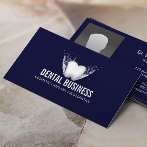 Customizable Dentist White Tooth Navy Blue Dental Care Photo Business Card