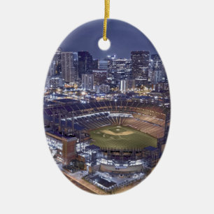 Denver City Skyline and Coors Field at Night Ceramic Ornament