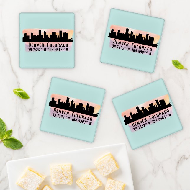Denver CO City Skyline Latitude and Longitude  Coaster Set (In Situ)