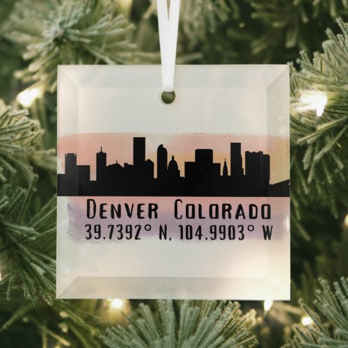 Denver CO City Skyline Latitude and Longitude  Glass Ornament