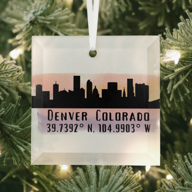 Denver CO City Skyline Latitude and Longitude  Glass Ornament (Insitu)