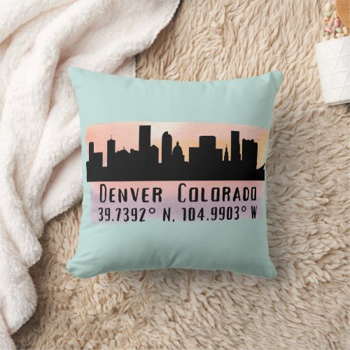Denver CO City Skyline Latitude and Longitude  Throw Pillow
