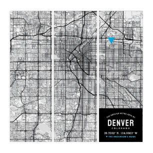 Denver, Colorado City Map + Home Location Marker Triptych