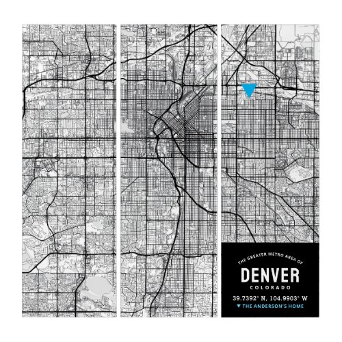 Denver Colorado City Map  Home Location Marker Triptych