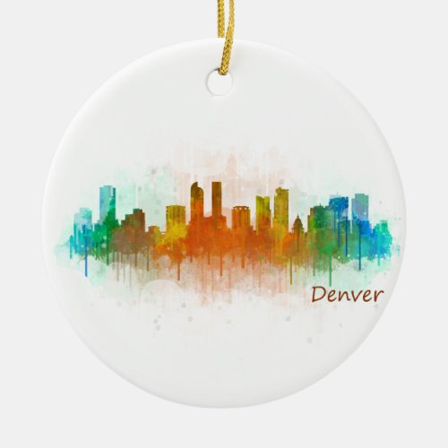 Denver Colorado City Watercolor Skyline Hq v3 Ceramic Ornament