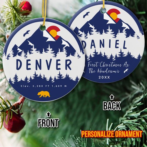 Denver Colorado Flag Mountain City Hiking Skiing Ceramic Ornament