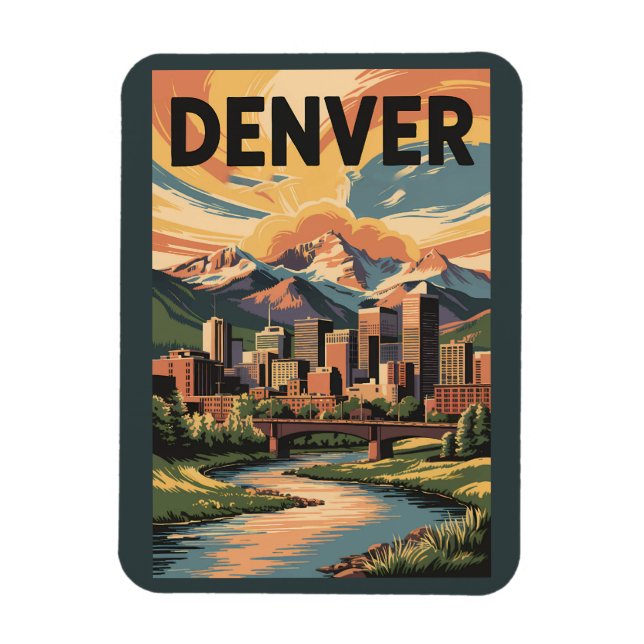 Denver Colorado Illustration Sunset Travel Art Magnet (Vertical)