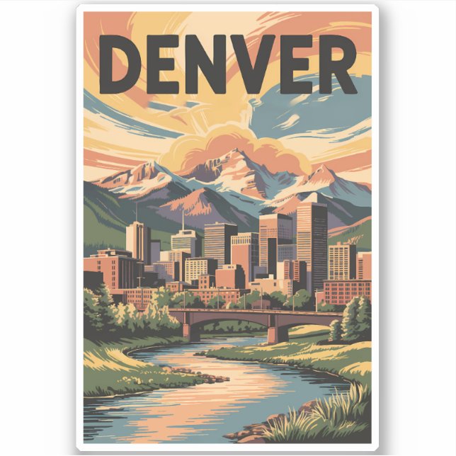 Denver Colorado Illustration Sunset Travel Art Sticker (Front)