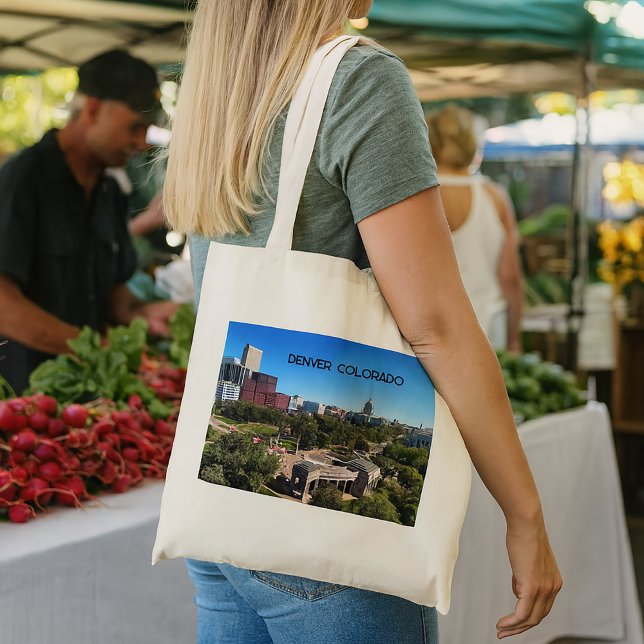 Denver Colorado Landscape Photo Personalize Tote Bag (A tote bag with a photo of downtown Denver, Colorado with text you can personalize.)