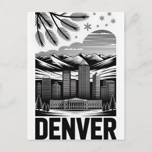 Denver Colorado Skyline Black White Woodcut Holiday Postcard