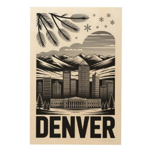 Denver Colorado Skyline Black White Woodcut Wood Wall Art