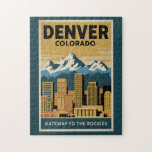 Denver Colorado Skyline Travel Art Vintage Jigsaw Puzzle<br><div class="desc">Denver retro vector travel design. Denver,  the capital of Colorado,  is an American metropolis dating to the Old West era. Larimer Square,  the city’s oldest block,  features landmark 19th-century buildings.</div>
