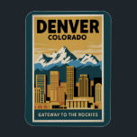 Denver Colorado Skyline Travel Art Vintage Magnet<br><div class="desc">Denver retro vector travel design. Denver,  the capital of Colorado,  is an American metropolis dating to the Old West era. Larimer Square,  the city’s oldest block,  features landmark 19th-century buildings.</div>