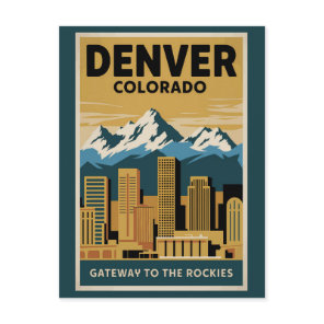 Denver Colorado Skyline Travel Art Vintage Postcard