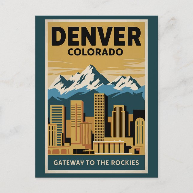 Denver Colorado Skyline Travel Art Vintage Postcard (Front)