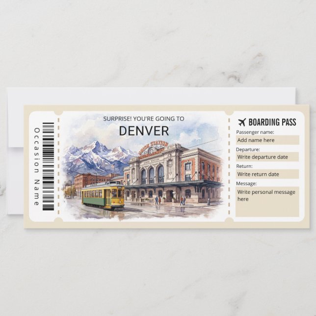 Denver Colorado Trip Boarding Pass Ticket Invitation (Front)