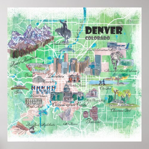 Denver Colorado USA Illustrated Map with Main Road Poster