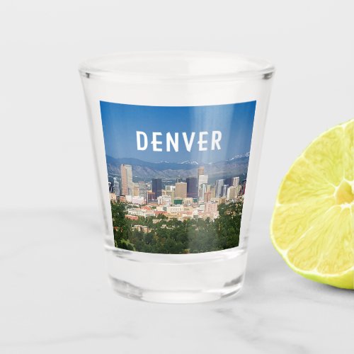 Denver Colorado with downtown and mountains photo Shot Glass