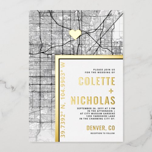 Denver Love Locator  City Themed Wedding Foil Invitation