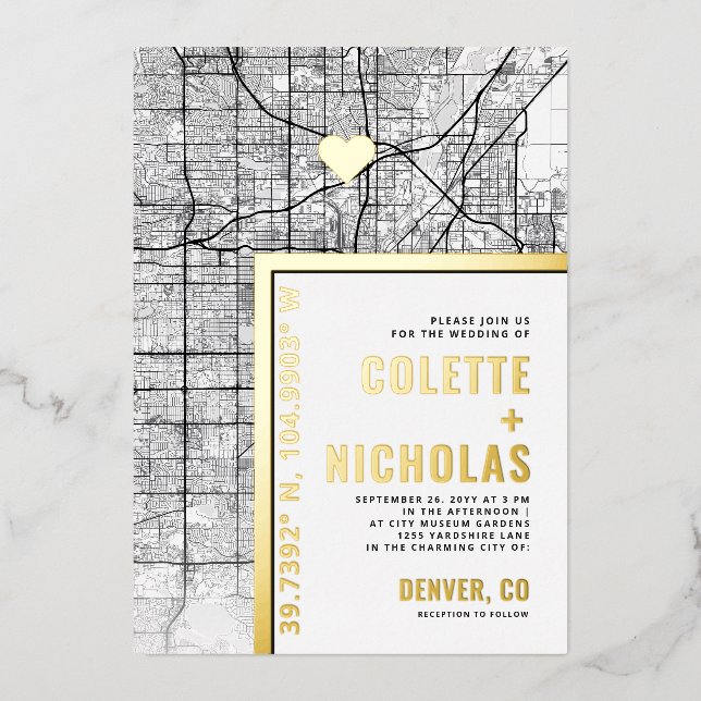 Denver Love Locator | City Themed Wedding Foil Invitation (Front)