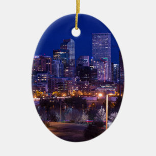 Denver Skyline At Night - Colorado Ceramic Ornament
