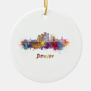 Denver skyline in watercolor ceramic ornament