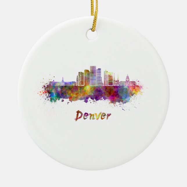 Denver skyline in watercolor ceramic ornament (Front)