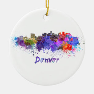 Denver skyline in watercolor ceramic ornament