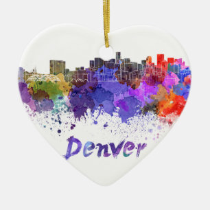 Denver skyline in watercolor ceramic ornament