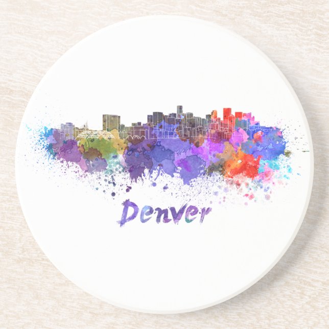 Denver skyline in watercolor sandstone coaster (Front)