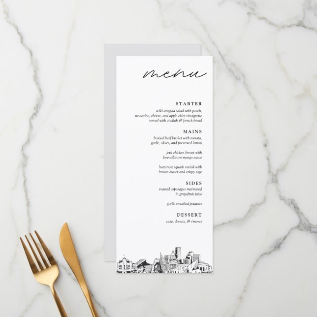 Denver Skyline Modern Wedding Dinner Menu (Front/Back In Situ)