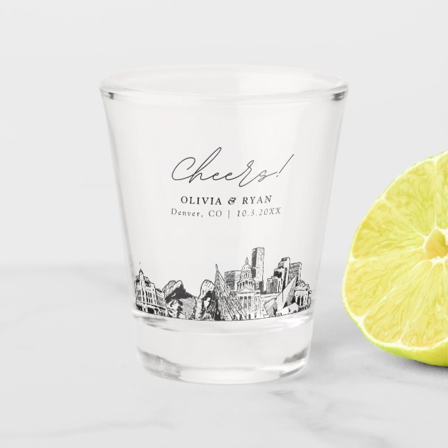 Denver Wedding Favor Personalized Cheers Shot Glass (Front)