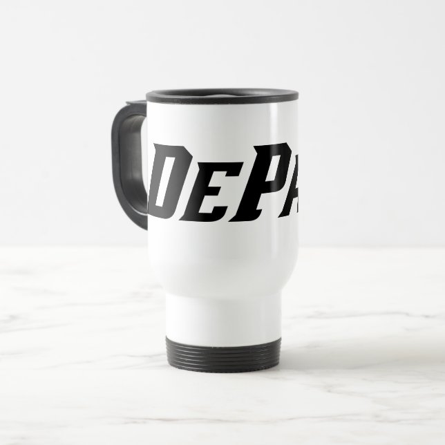 DePaul University Wordmark Logo B&W Travel Mug (Front Left)