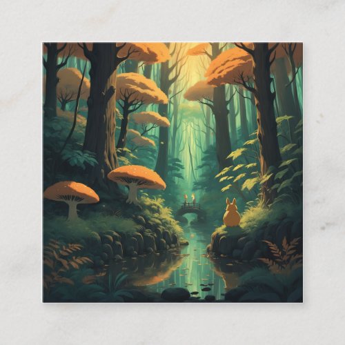 Depict a tranquil and enchanting forest illuminate square business card