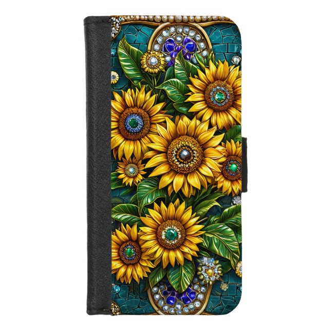 Depicting Sunflowers With Gemstone Embellishments iPhone Wallet Case (Front)