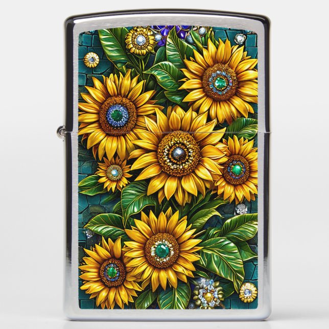 Depicting Sunflowers With Gemstone Embellishments Zippo Lighter (Front)