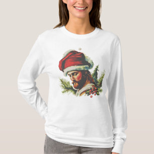 Depiction of Jesus with embroidered Santa Hat  T-Shirt