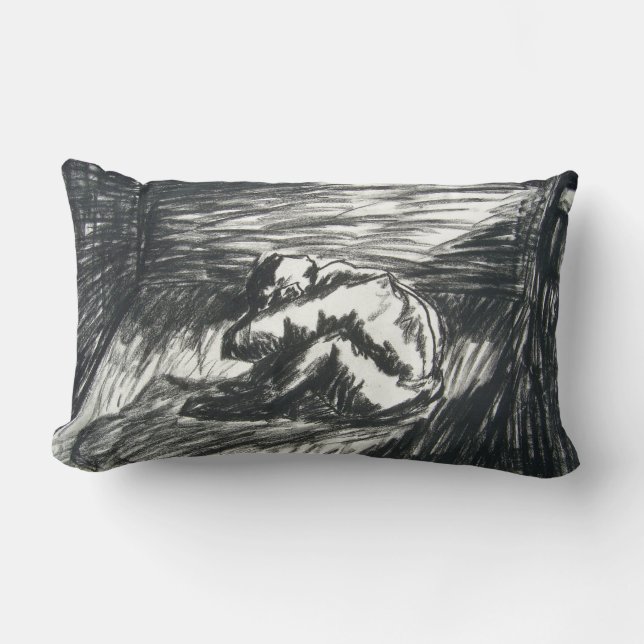 Depression Alone in Dark Room Charcoal Art Drawing Lumbar Pillow (Front)