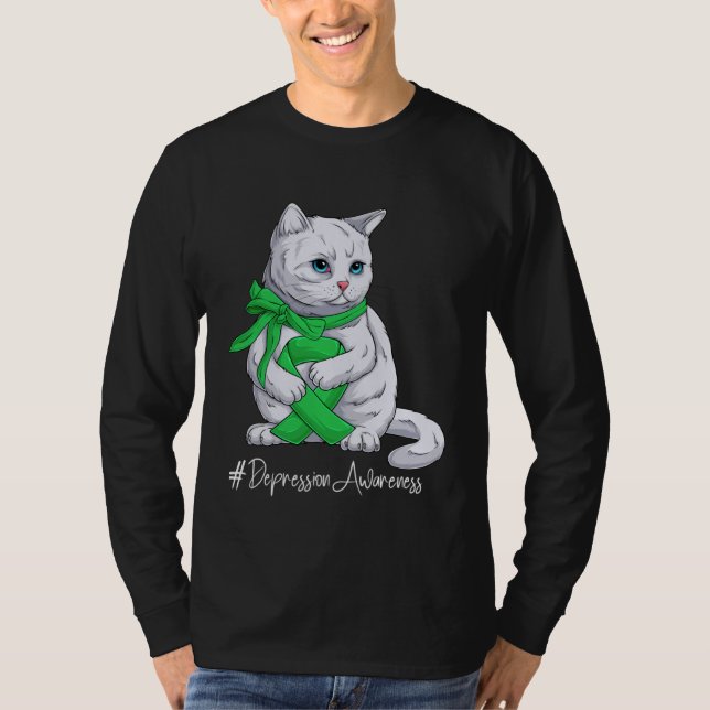 Depression Awareness Month Green Ribbon Cat T-Shirt (Front)